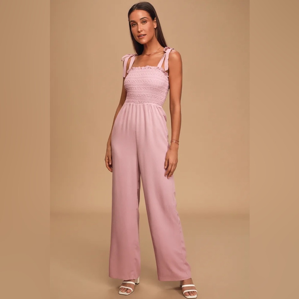Fond of You Mauve Tie-Strap Smocked Wide-Leg Jumpsuit